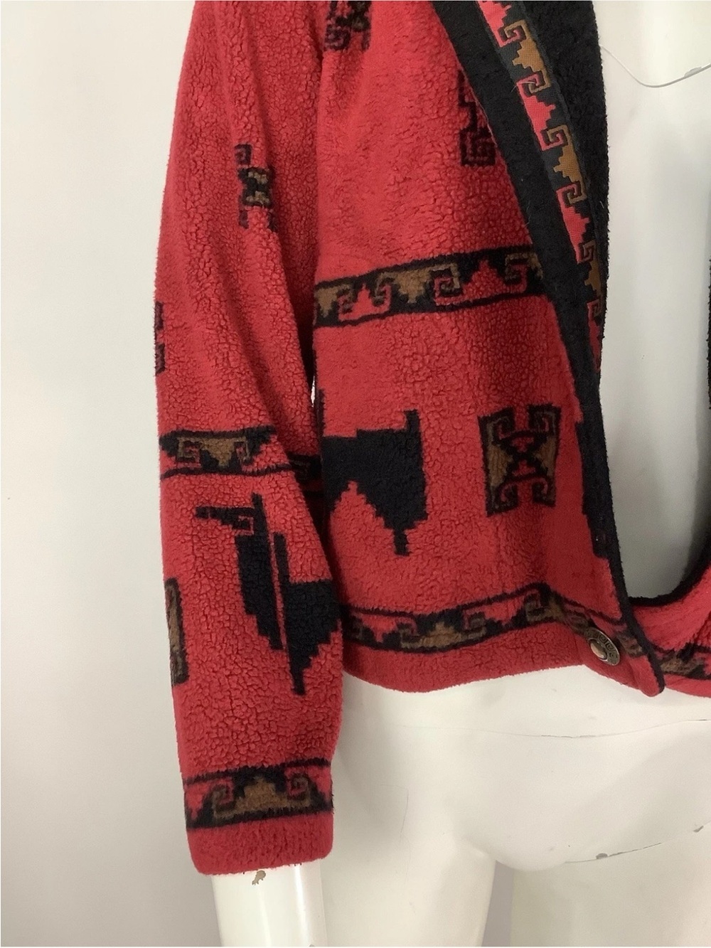 Vintage 90's County Clothing Sz S Aztec Peruvian Western Fleece Jacket Red - Picture 2 of 7